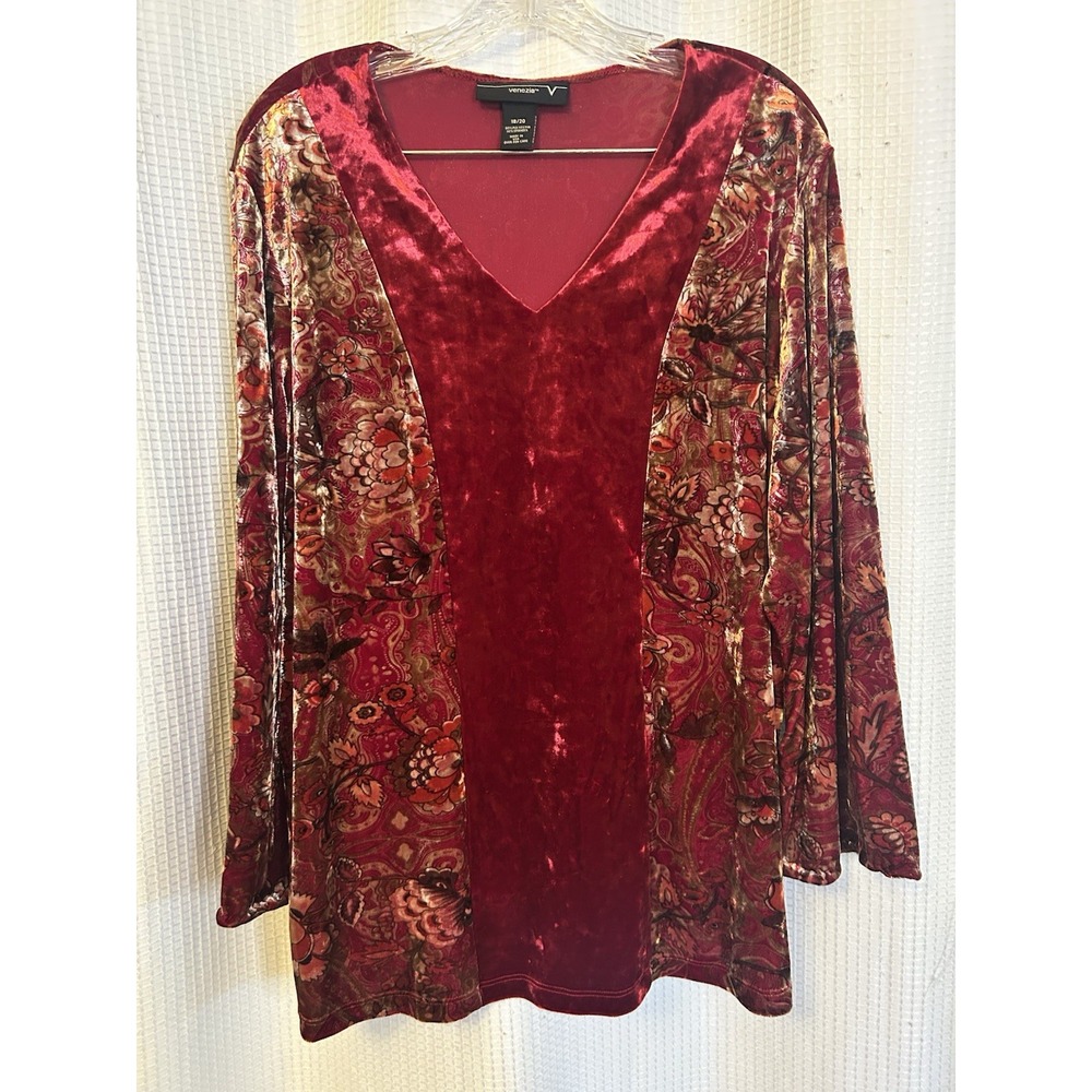 VTG Red Velvet Tapestry Floral Blouse 18/20 Boho Whimsy Indie Festival Y2K